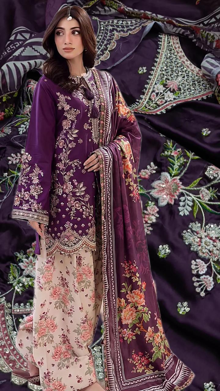 Ethnic Luxury Purple Embroidered Silk 3-Piece Unstitched Suit