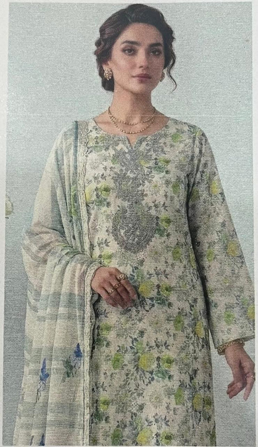 Bin Saeed Off-White Floral Embroidered 3pc Unstitched Lawn Suit | D-1007