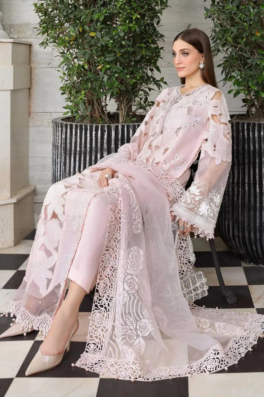 Maria.B Peach Laser Work Embroidered Unstitched 3pc Lawn Suit | Design 345