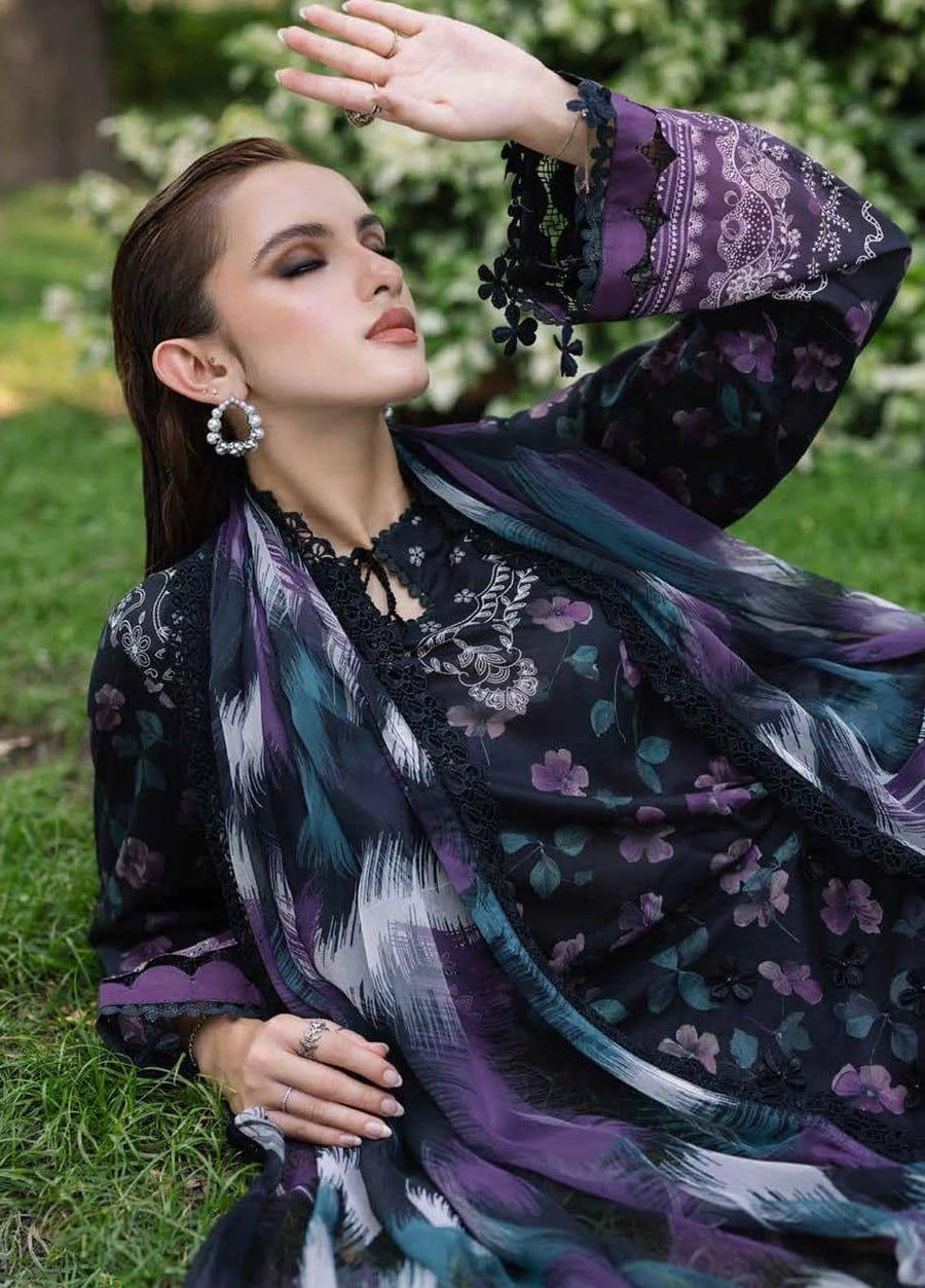 Nureh Black & Purple Floral Printed with Embroidered Unstitched 3-Piece Lawn Suit