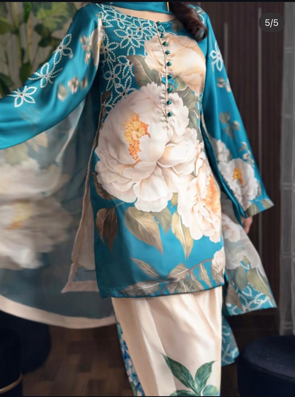 Laam Blue Floral Printed Apple Silk 3pc Suit