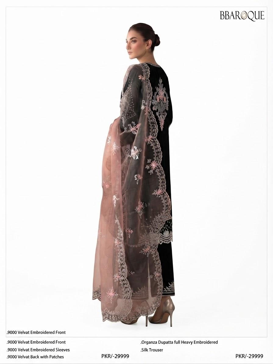 Baroque Black Velvet Embroidered 3pc Unstitched Suit with Organza Dupatta (9000 velvet) (Allow to Open)