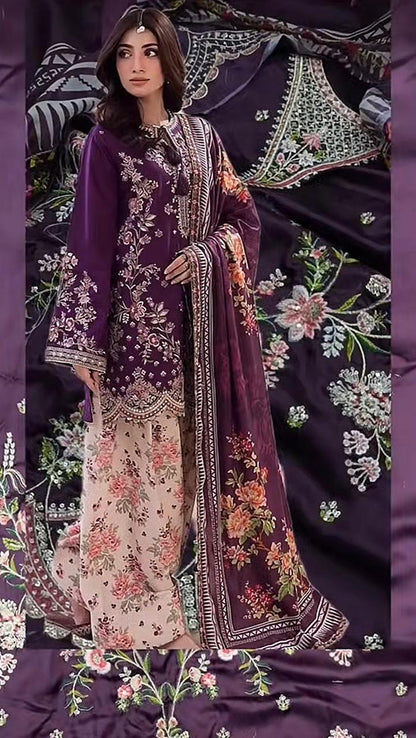 Ethnic Luxury Purple Embroidered Silk 3-Piece Unstitched Suit