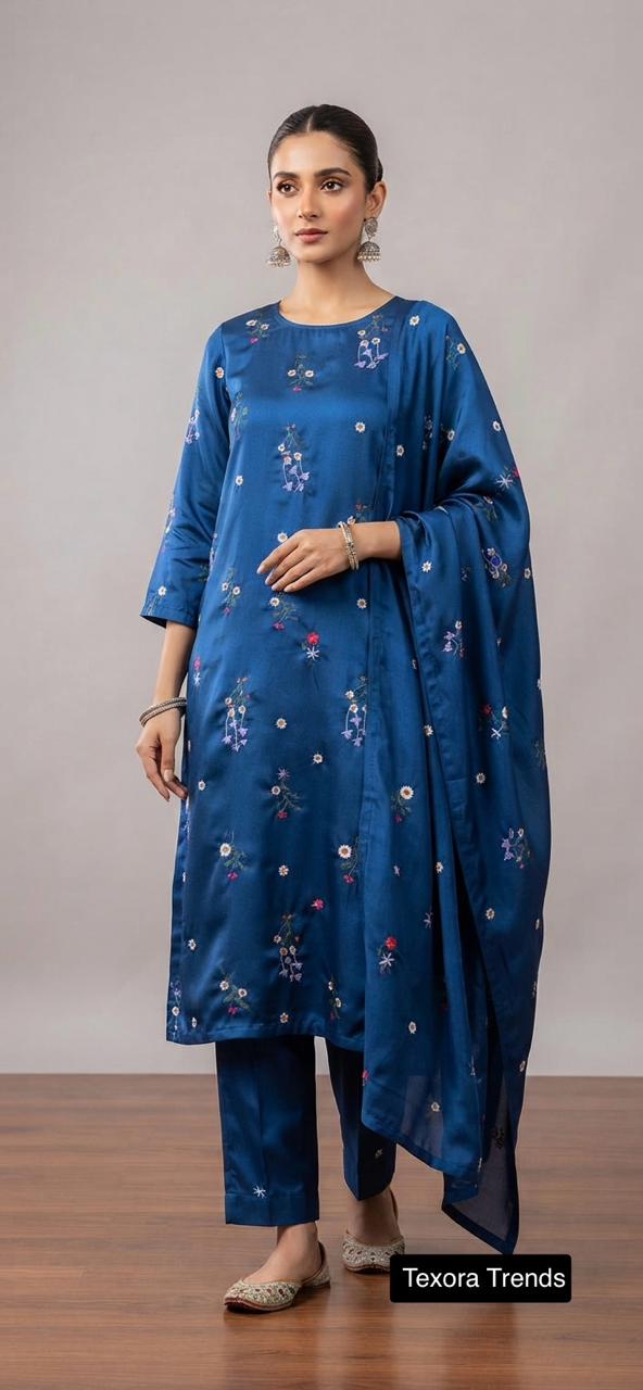Noyal Blue Silk 2-Piece Unstitched Suit Delicate Floral Embroidery