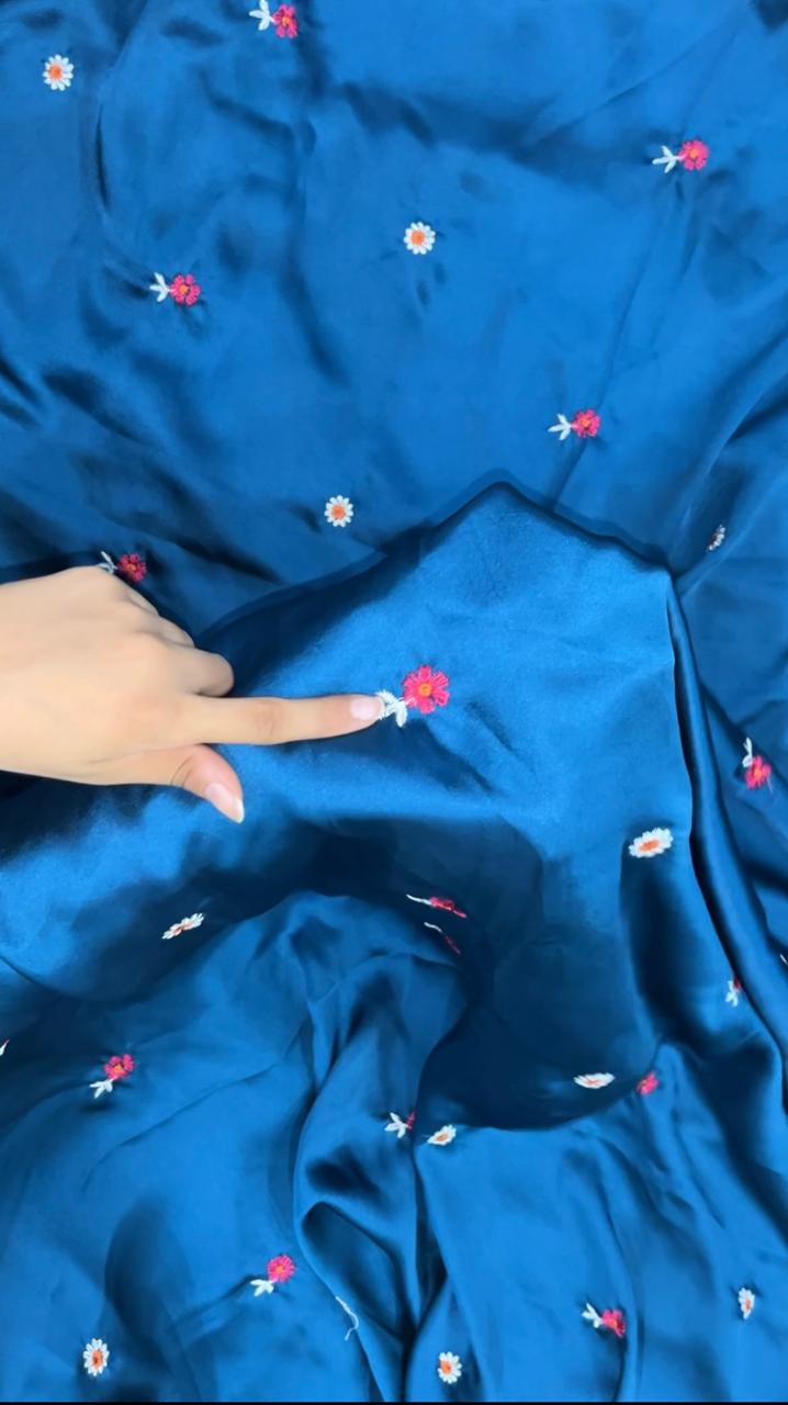 Noyal Blue Silk 2-Piece Unstitched Suit Delicate Floral Embroidery