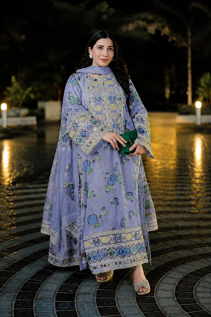 Lilac Digital Printed Shamos Silk 3-Piece Unstitched Suit with Embroidered Patches