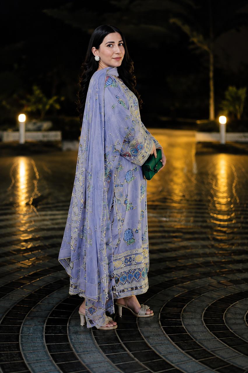 Lilac Digital Printed Shamos Silk 3-Piece Unstitched Suit with Embroidered Patches