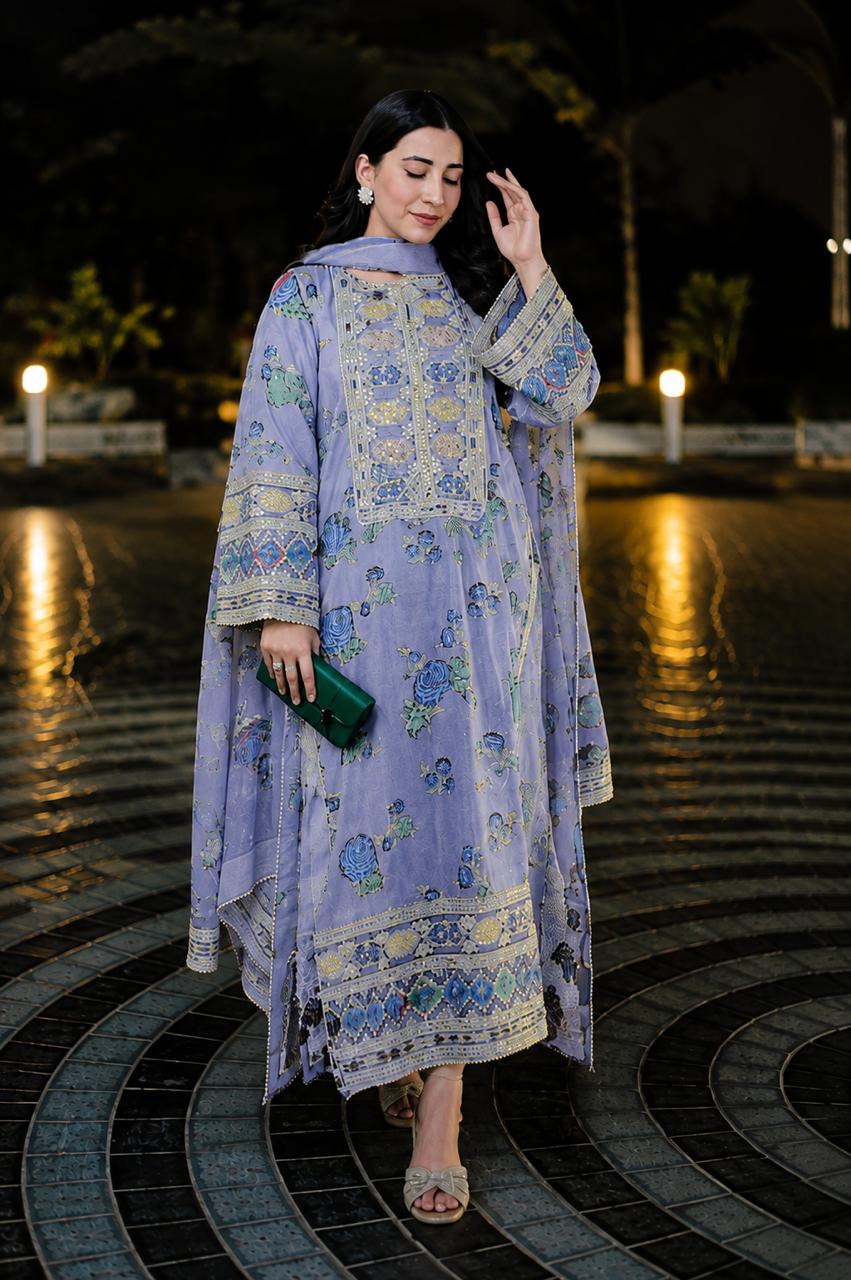 Lilac Digital Printed Shamos Silk 3-Piece Unstitched Suit with Embroidered Patches