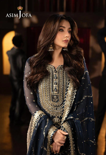 Asim Jofa by Wania Arts Navy Blue Embroidered Silk 2-Piece Suit