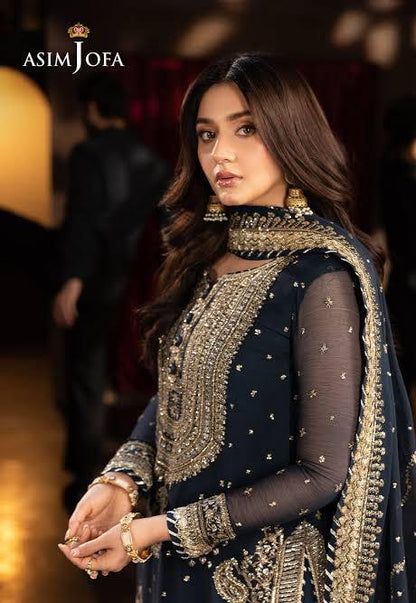 Asim Jofa by Wania Arts Navy Blue Embroidered Silk 2-Piece Suit