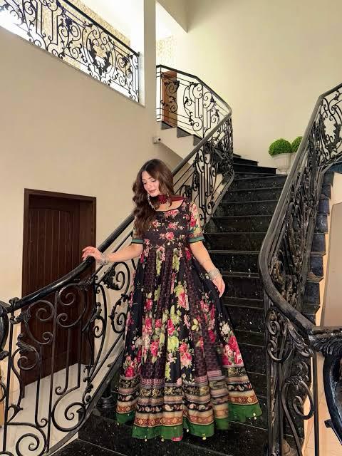 Black Floral Digital Printed Silk 2-Piece Unstitched Suit