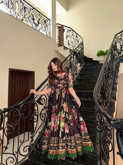 Black Floral Digital Printed Silk 2-Piece Unstitched Suit