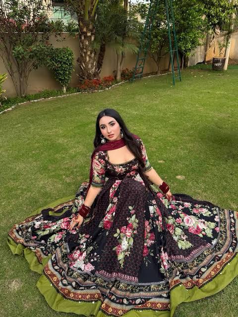 Black Floral Digital Printed Silk 2-Piece Unstitched Suit