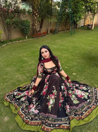 Black Floral Digital Printed Silk 2-Piece Unstitched Suit