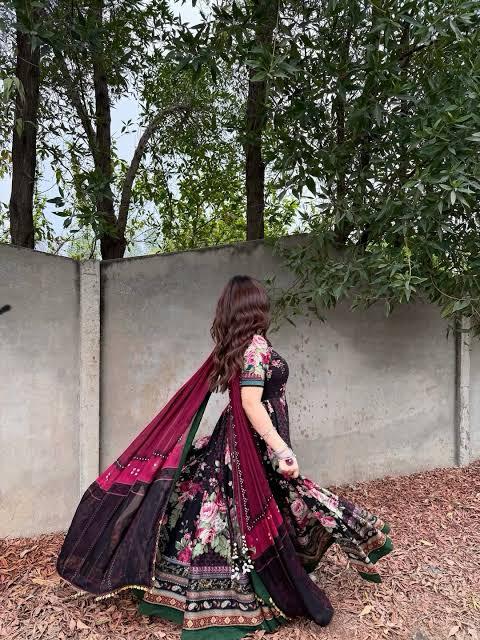 Black Floral Digital Printed Silk 2-Piece Unstitched Suit