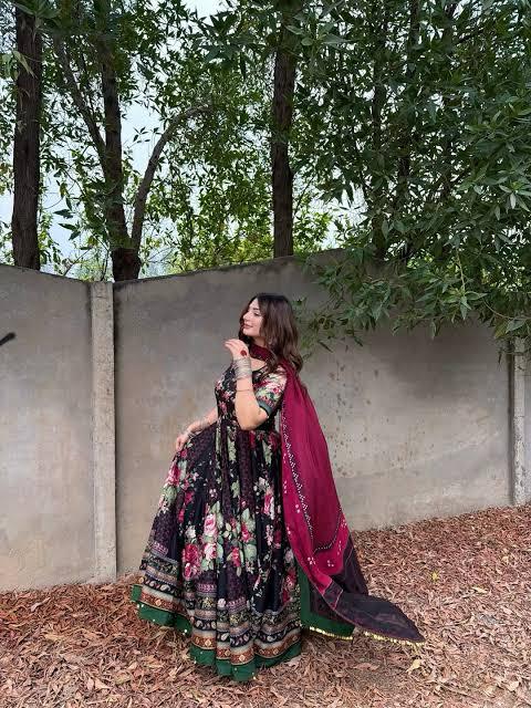 Black Floral Digital Printed Silk 2-Piece Unstitched Suit