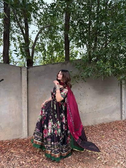 Black Floral Digital Printed Silk 2-Piece Unstitched Suit
