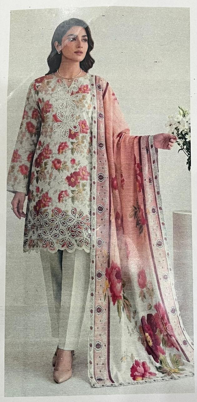 Bin Saeed Floral Printed & Embroidered 3pc Unstitched  Lawn Suit | D-1001