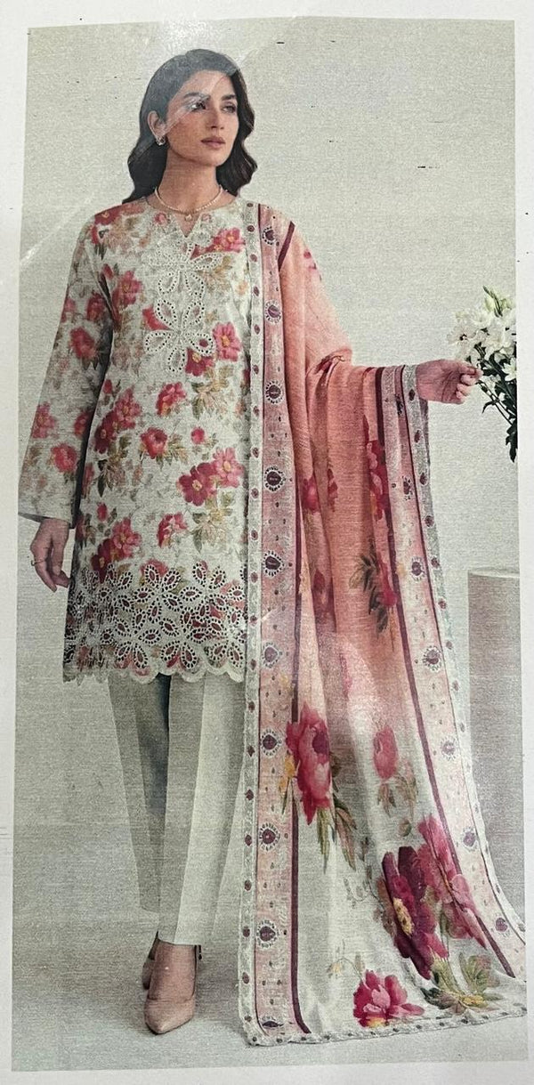 Bin Saeed Floral Printed & Embroidered 3pc Unstitched  Lawn Suit | D-1001