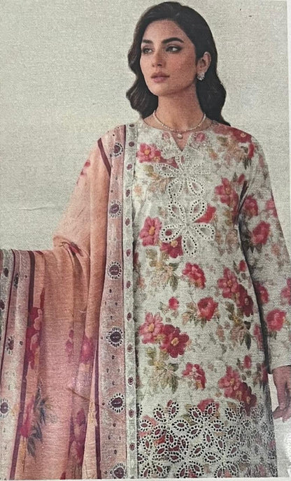 Bin Saeed Floral Printed & Embroidered 3pc Unstitched  Lawn Suit | D-1001