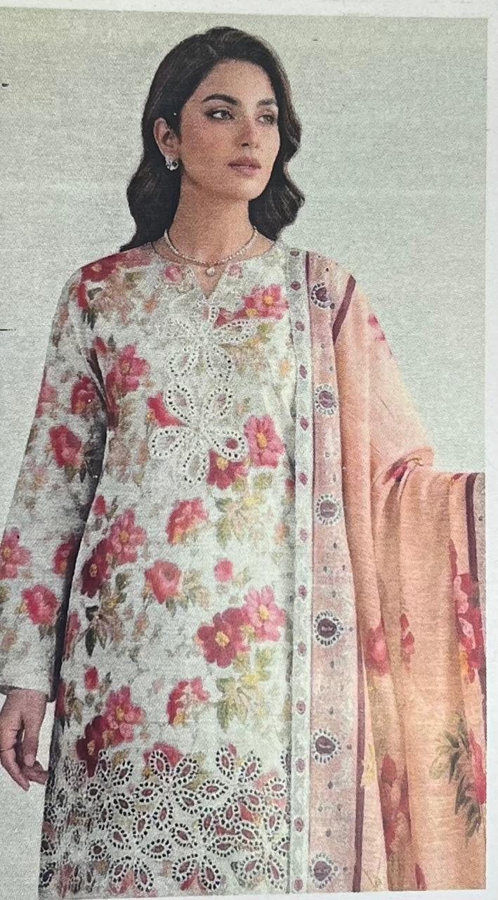 Bin Saeed Floral Printed & Embroidered 3pc Unstitched  Lawn Suit | D-1001