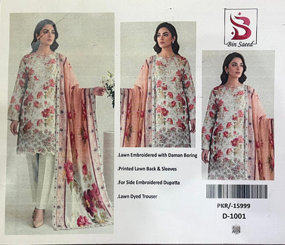 Bin Saeed Floral Printed & Embroidered 3pc Unstitched  Lawn Suit | D-1001