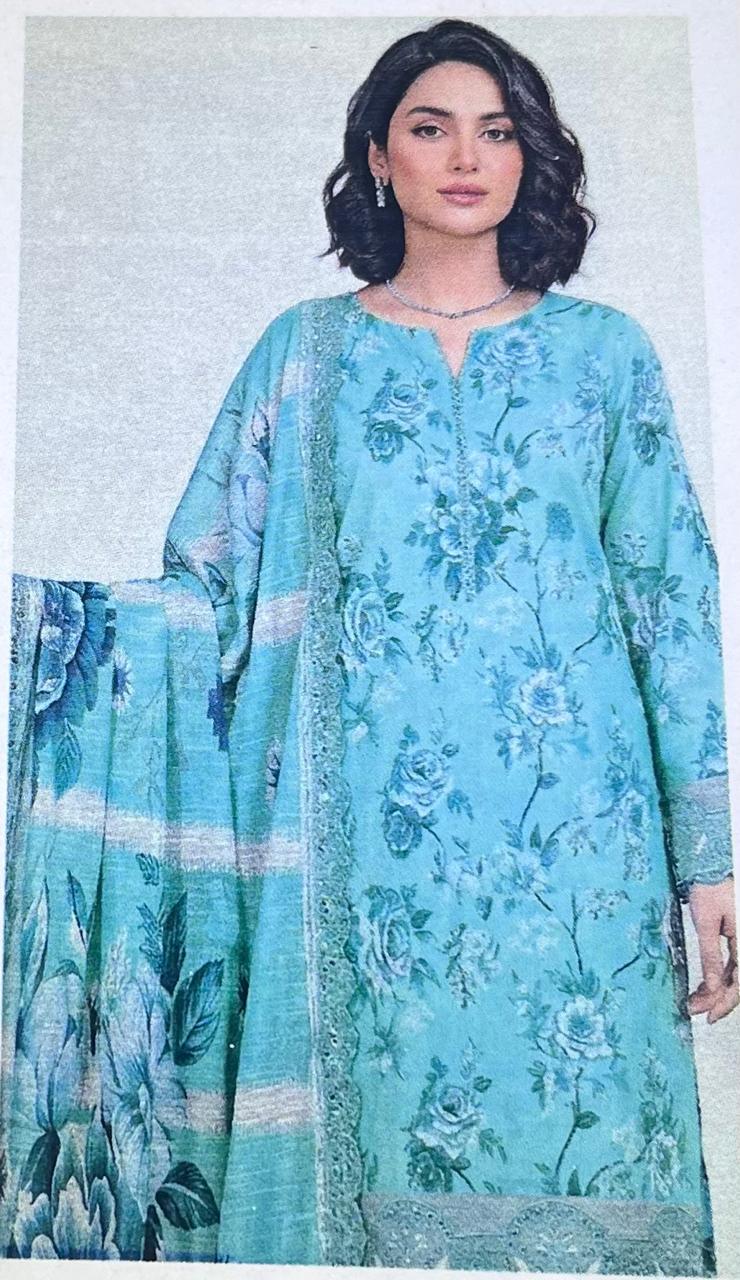 Bin Saeed Mint Green Digital Printed with daman and sleeves patches 3pc Unstitched Lawn Suit | D-1002