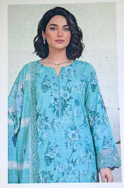 Bin Saeed Mint Green Digital Printed with daman and sleeves patches 3pc Unstitched Lawn Suit | D-1002