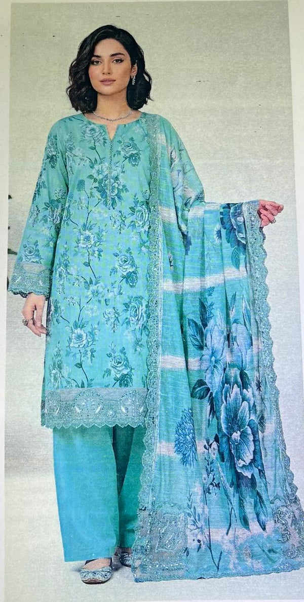 Bin Saeed Mint Green Digital Printed with daman and sleeves patches 3pc Unstitched Lawn Suit | D-1002