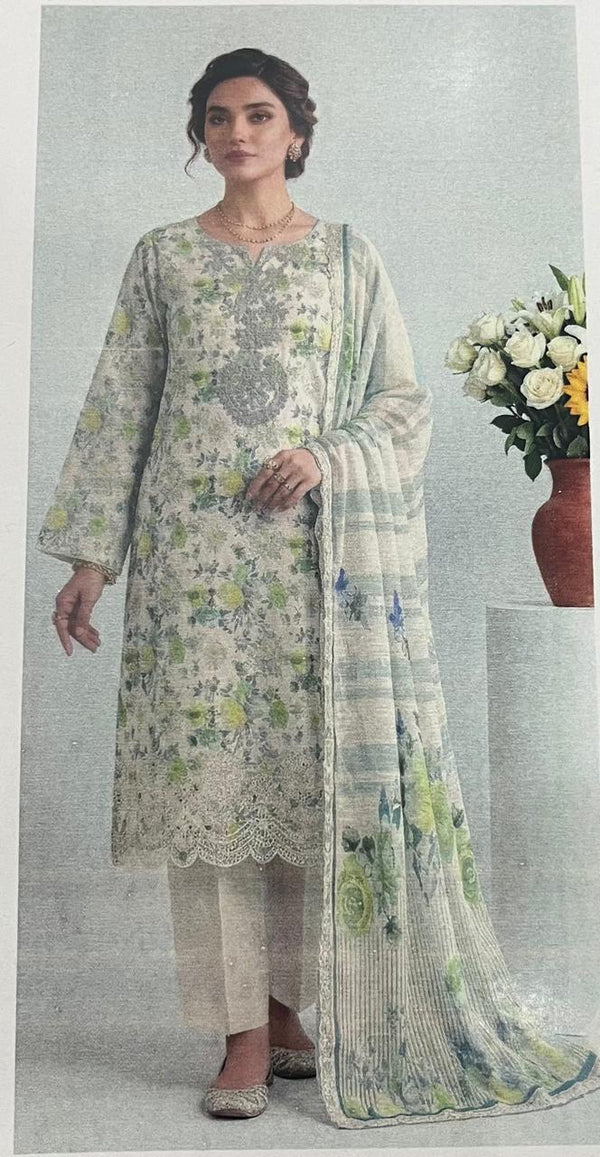 Bin Saeed Off-White Floral Embroidered 3pc Unstitched  Lawn Suit | D-1007