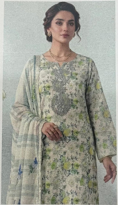 Bin Saeed Off-White Floral Embroidered 3pc Unstitched  Lawn Suit | D-1007