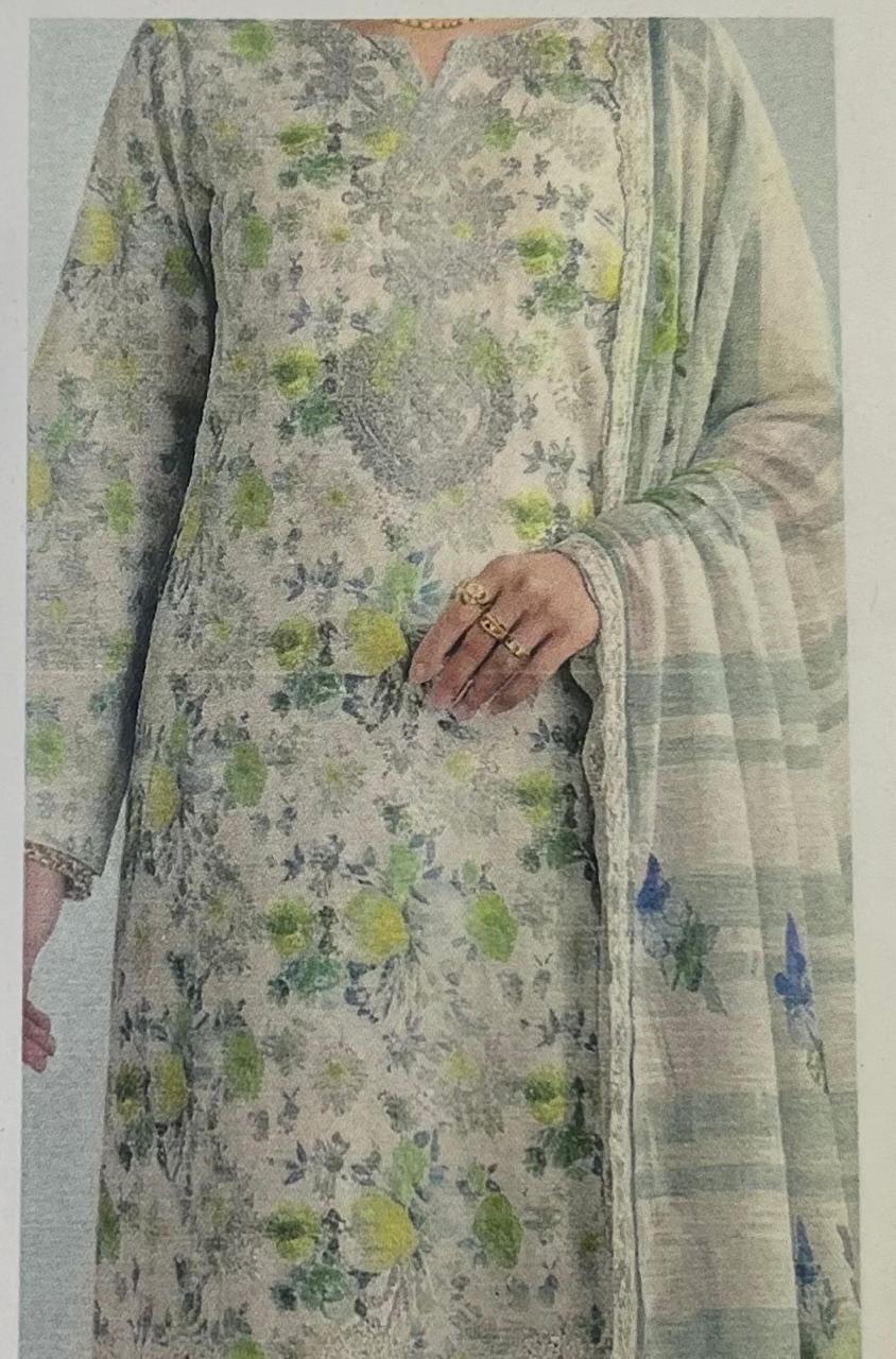 Bin Saeed Off-White Floral Embroidered 3pc Unstitched  Lawn Suit | D-1007
