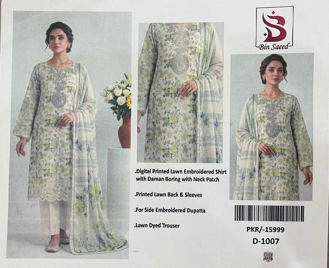 Bin Saeed Off-White Floral Embroidered 3pc Unstitched  Lawn Suit | D-1007