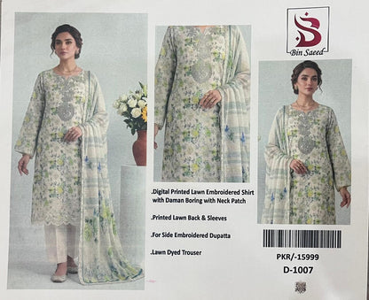 Bin Saeed Off-White Floral Embroidered 3pc Unstitched  Lawn Suit | D-1007