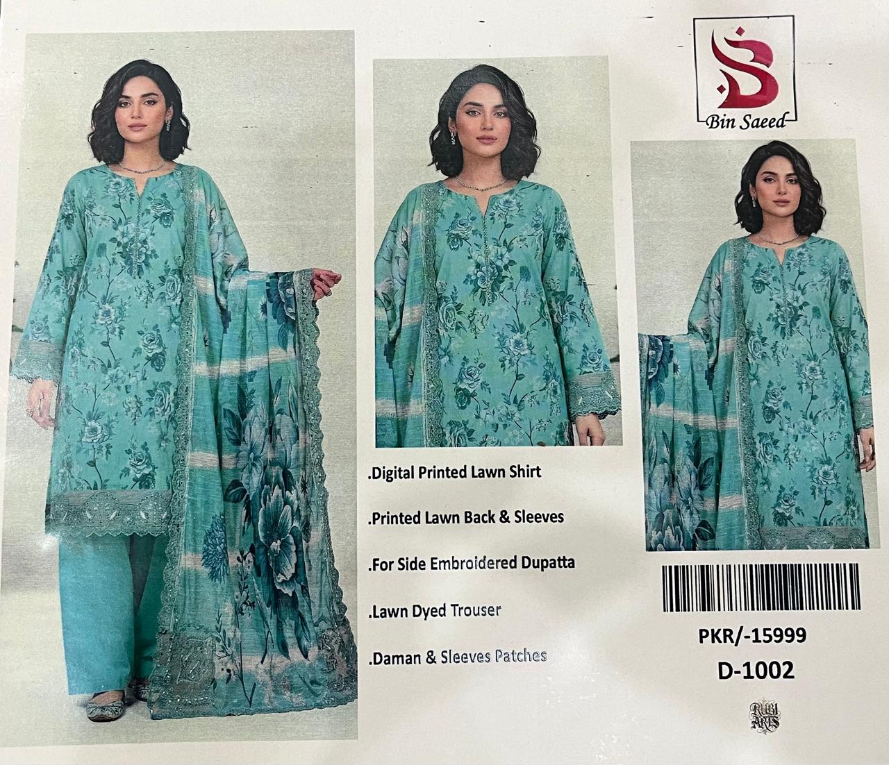Bin Saeed Mint Green Digital Printed with daman and sleeves patches 3pc Unstitched Lawn Suit | D-1002