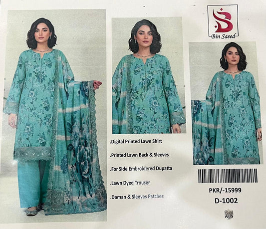 Bin Saeed Mint Green Digital Printed with daman and sleeves patches 3pc Unstitched Lawn Suit | D-1002