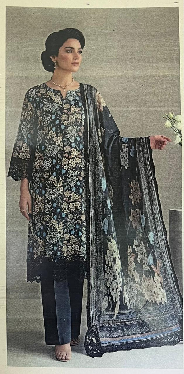 Bin Saeed Black Floral Digital Printed 3pc Unstitched  Lawn Suit | D-1004