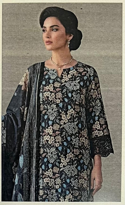 Bin Saeed Black Floral Digital Printed 3pc Unstitched  Lawn Suit | D-1004