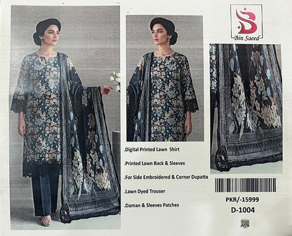 Bin Saeed Black Floral Digital Printed 3pc Unstitched  Lawn Suit | D-1004