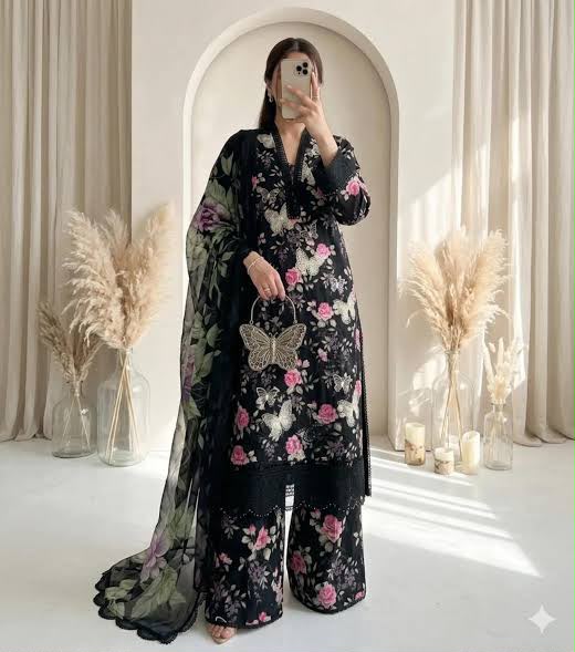 Maria B Black Colour Butterfly Embroidered & Printed 3-Piece Lawn Suit with Chiffon Dupatta (D-844)