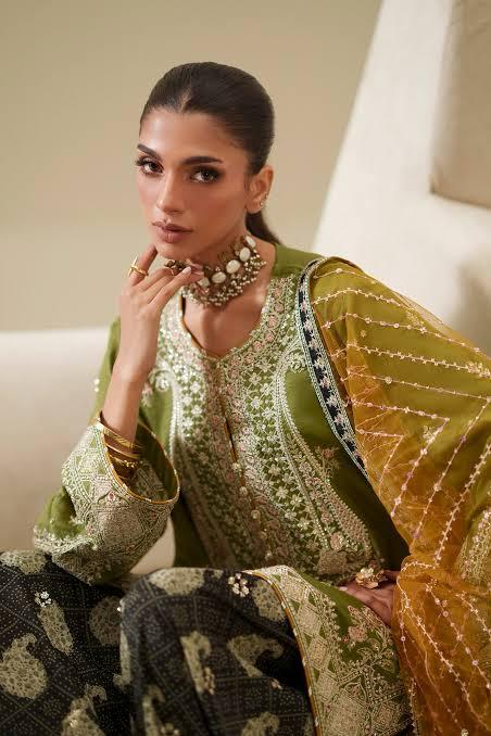 Ethnic Olive Green Embroidered Lawn 2-Piece Suit