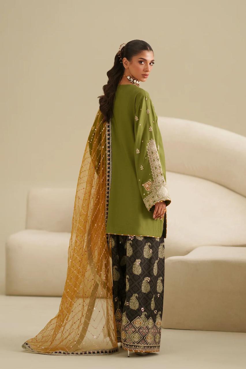 Ethnic Olive Green Embroidered Lawn 2-Piece Suit