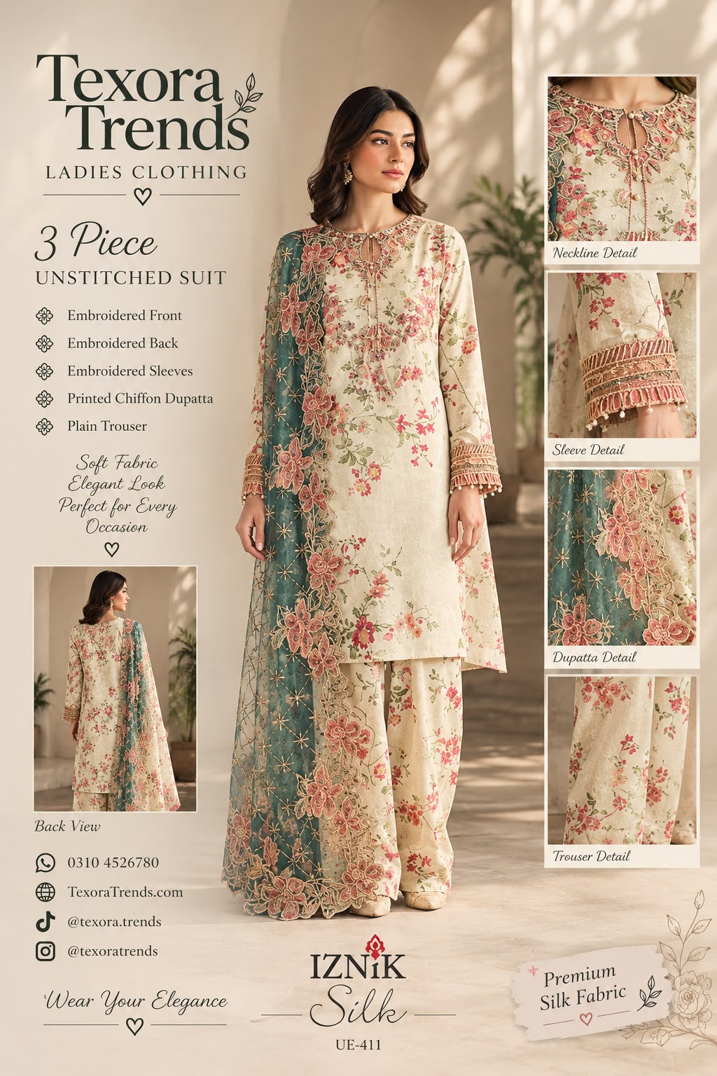 Iznik Silk 3-Piece Unstitched Embroidered Suit  (Allow to Open)