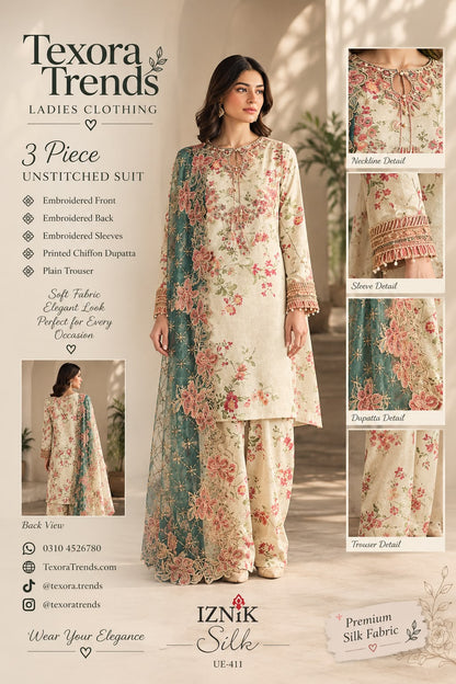 Iznik Silk 3-Piece Unstitched Embroidered Suit  (Allow to Open)