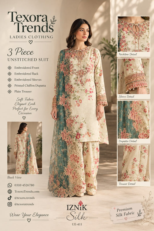 Iznik Silk 3-Piece Unstitched Embroidered Suit  (Allow to Open)