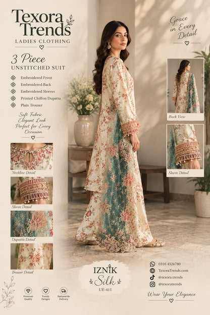 Iznik Silk 3-Piece Unstitched Embroidered Suit  (Allow to Open)