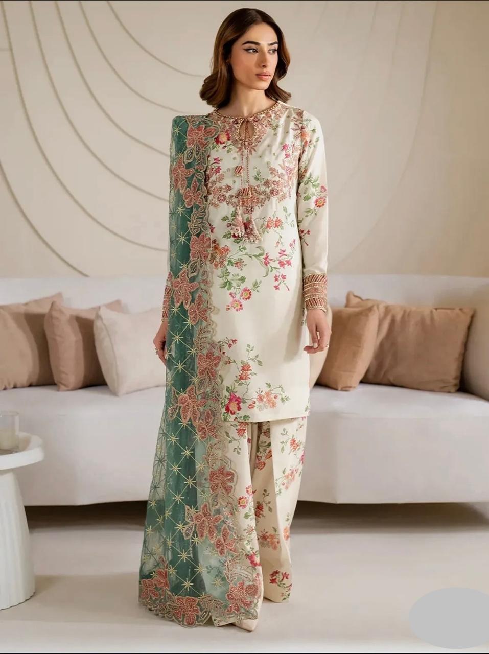 Iznik Silk 3-Piece Unstitched Embroidered Suit  (Allow to Open)