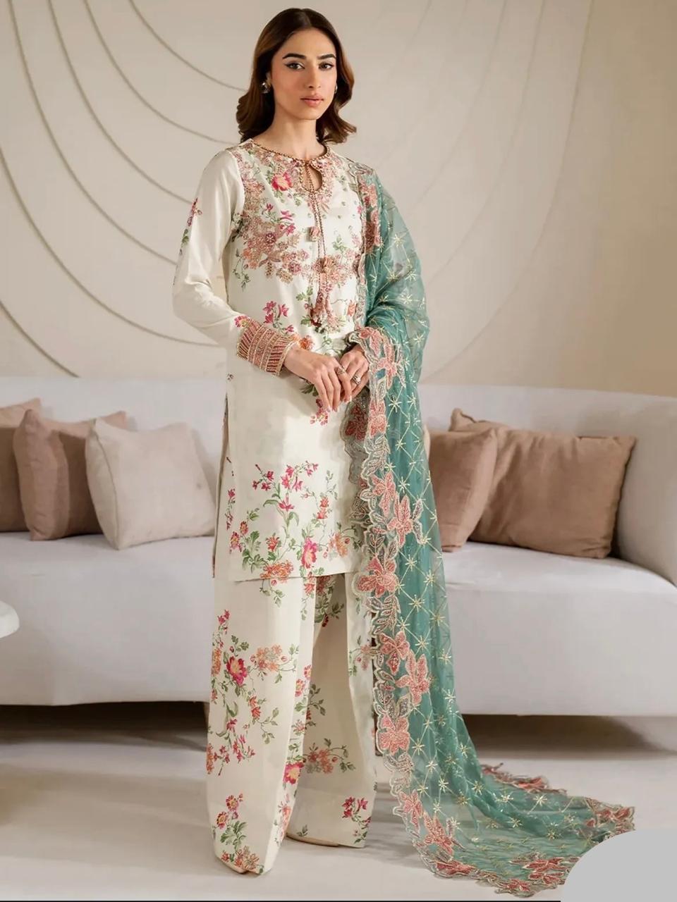 Iznik Silk 3-Piece Unstitched Embroidered Suit  (Allow to Open)