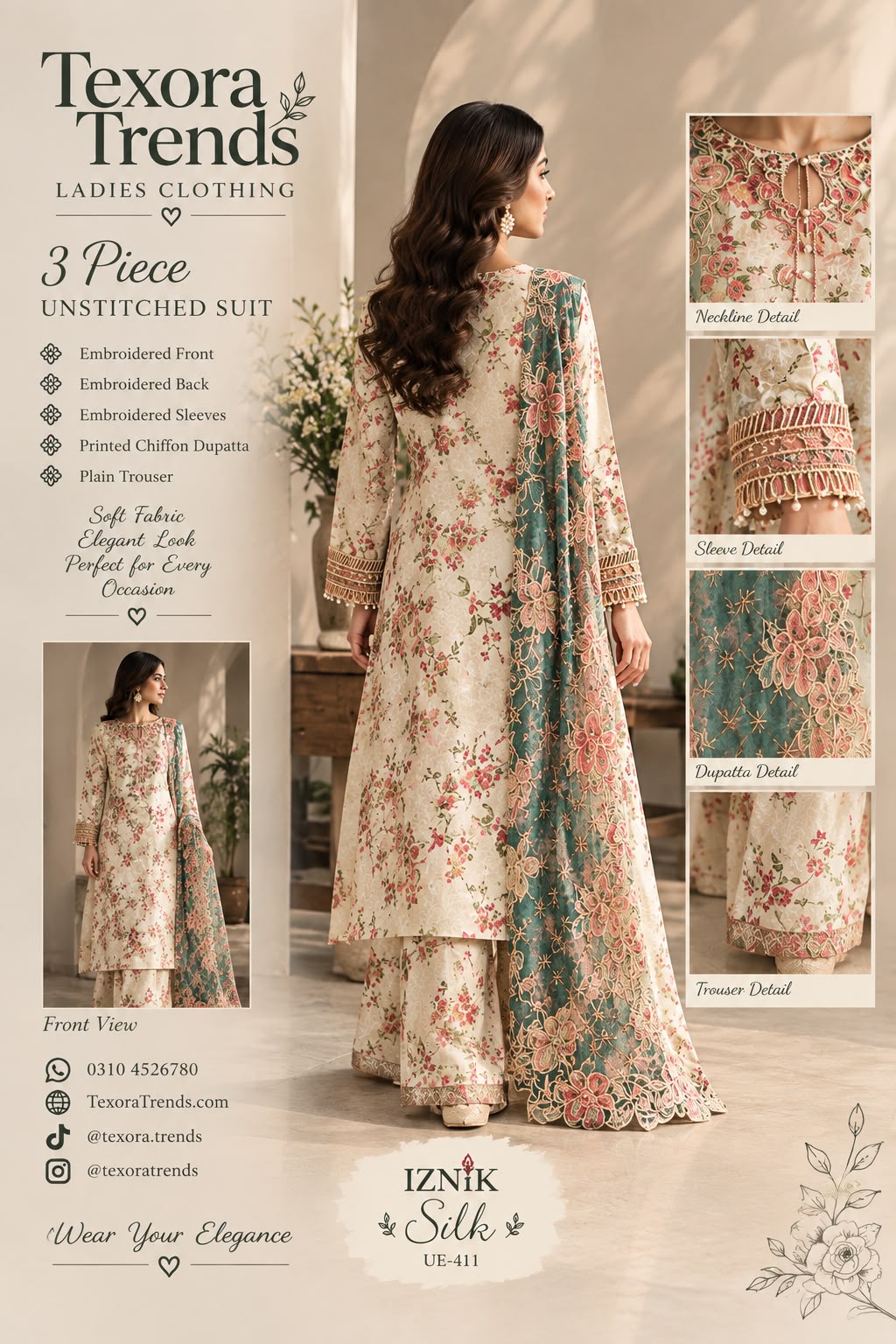 Iznik Silk 3-Piece Unstitched Embroidered Suit  (Allow to Open)