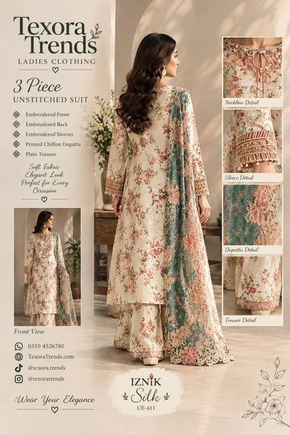 Iznik Silk 3-Piece Unstitched Embroidered Suit  (Allow to Open)